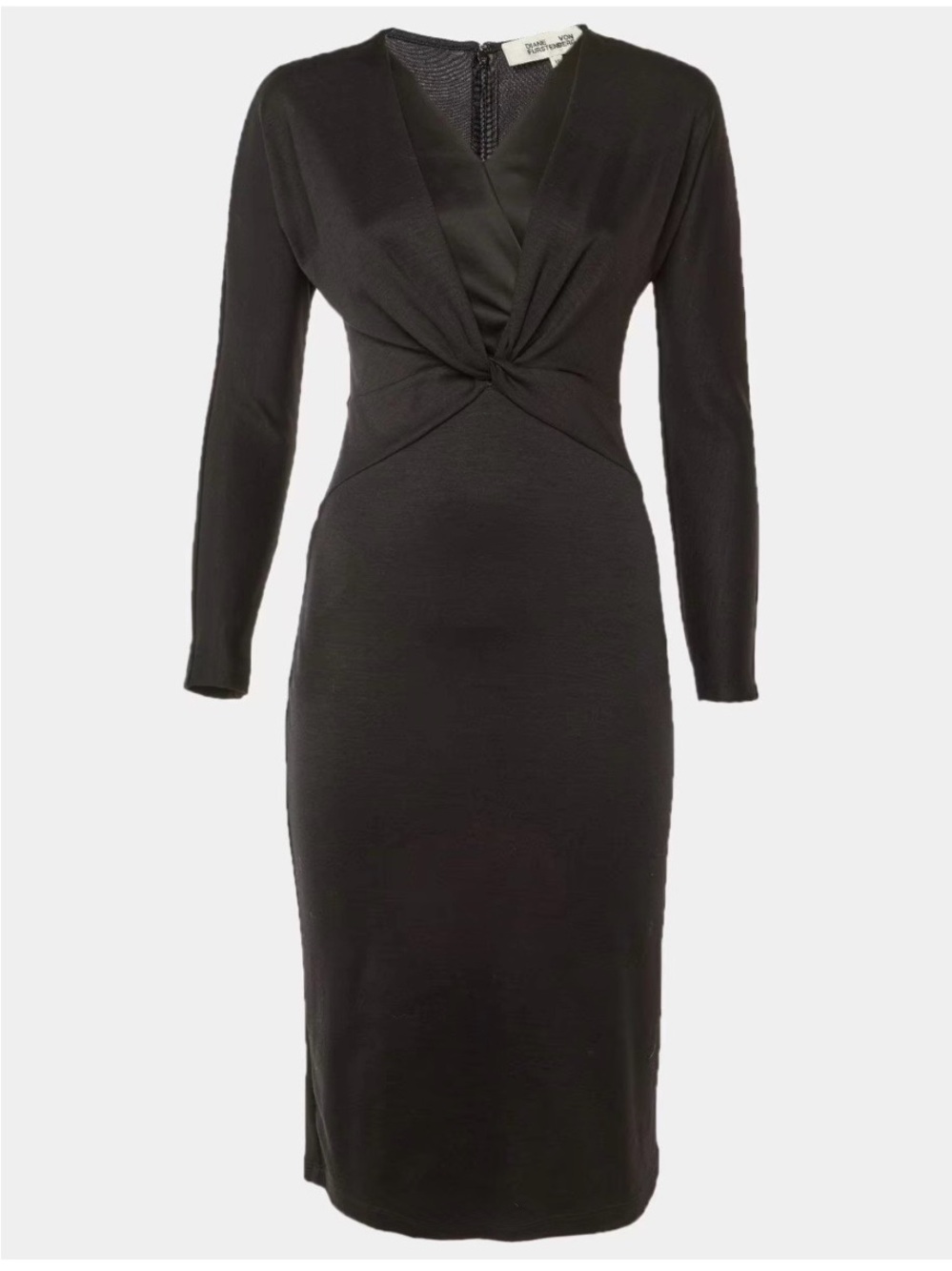 Diane Von Furstenberg Black Knot-Front, Wool Blend Midi Dress, Large